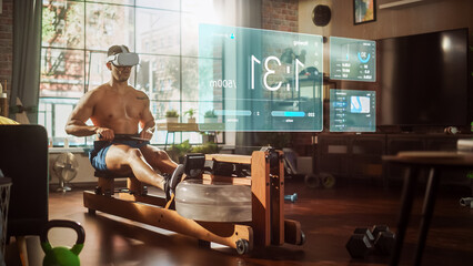 Virtual Reality Metaverse Futuristic Home Gym: Man Exercising on Row Machine Wearing Virtual...