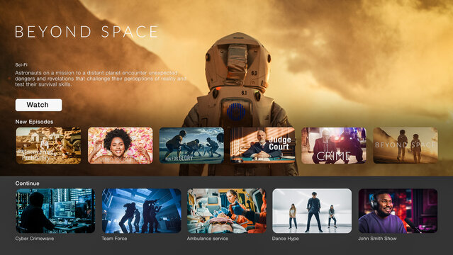 Interface of Streaming Service Website. Online Subscription Offers TV Shows, Realities, and Fiction Films. Screen Replacement for Desktop PC and Laptops With Featured Science Fiction Television Show.