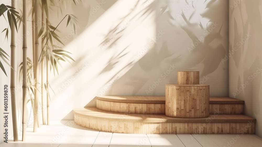 Poster bamboo product display podium for natural product. empty scene with bamboo branch. generative ai