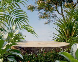 Fototapeta Wooden product display podium with green nature garden background, 3d rendering. obraz