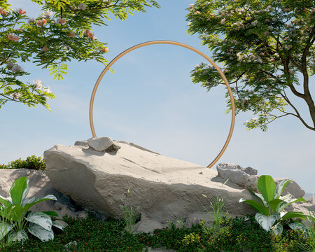 stone product display podium with green nature garden background, 3d rendering.