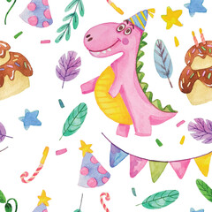 pattern with dino and cake for birthday celebration
