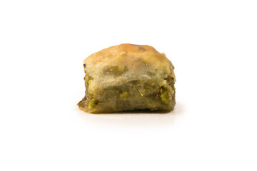Turkish pistachio baklava isolated on white background.
