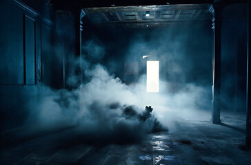 a scene of a black room with dark smoke