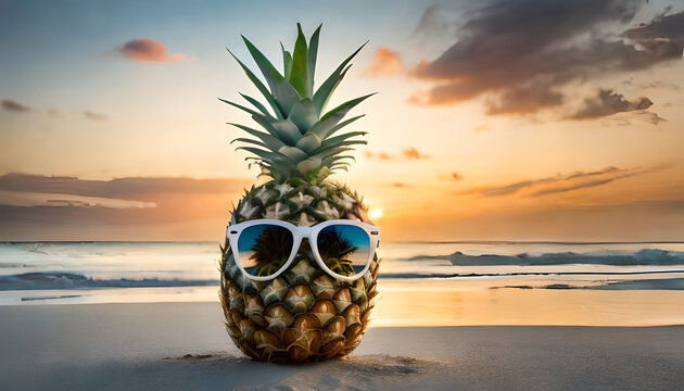 Pinaple with white glasses, summer photo - made with Generative AI 