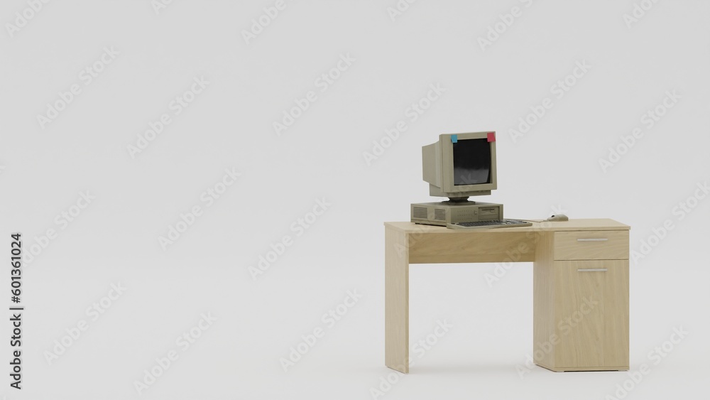 Poster old computer and keyboard isolated on white background in the office room.