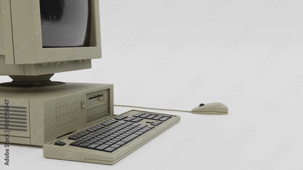 Poster old computer and keyboard isolated on white background.