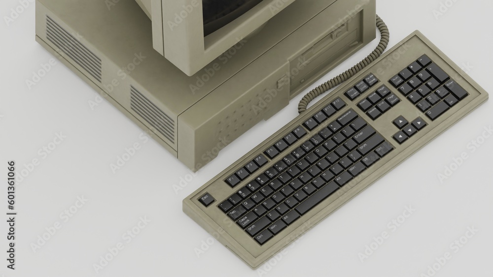 Poster old computer and keyboard isolated on white background in an isometric view.