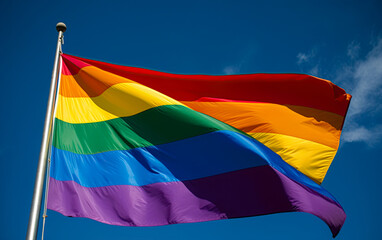 Rainbow flag waving in the wind. Symbol of gay, homosexual comunity. Generative Ai illustration