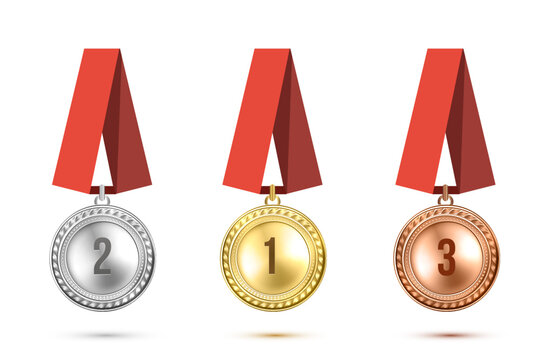 Three medal with gold madel and silver, bronze madel on red ribbon. 002