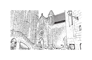 Building view with landmark of  Rocamadour is the commune in France. Hand drawn sketch illustration in vector.