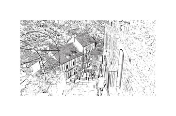 Building view with landmark of  Rocamadour is the commune in France. Hand drawn sketch illustration in vector.