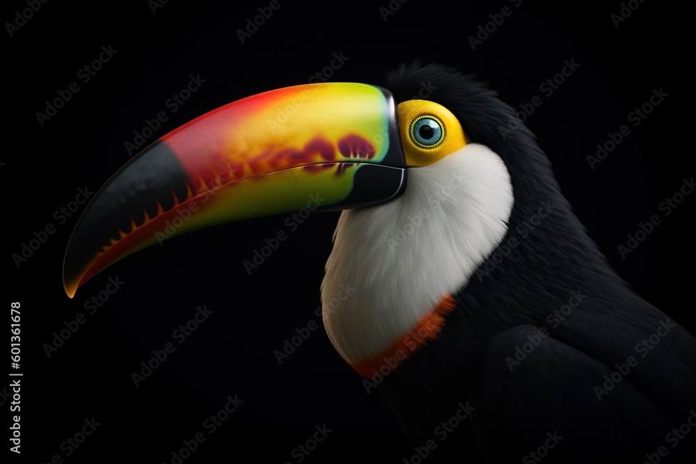 Poster a brightly colored toucan bird against a dark backdrop generative ai