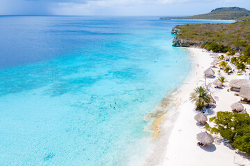 Cas Abao Beach Playa Cas Abao Caribbean island of Curacao, Playa Cas Abao in Curacao , white beach with a blue turqouse colored ocean. Drone aerial view