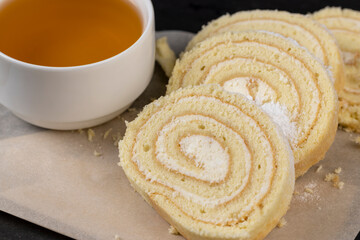 sweet dessert with cottage cheese cream and soft sponge cake