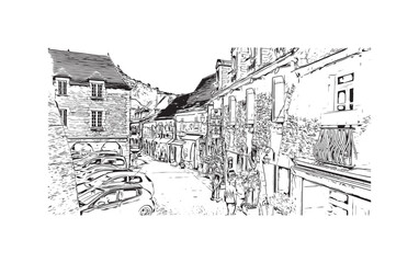 Building view with landmark of  Rocamadour is the commune in France. Hand drawn sketch illustration in vector.