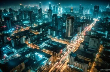 shanghai at night with bright lights and traffic