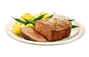 Prato com suculento pedaço de carne bovina grelhado acompanhado com batatas e vagem refogado em...