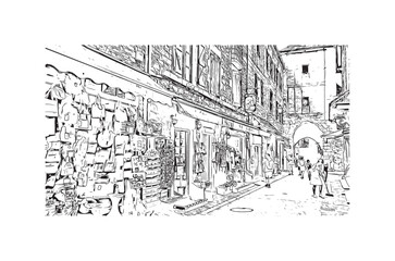 Building view with landmark of  Rocamadour is the commune in France. Hand drawn sketch illustration in vector.