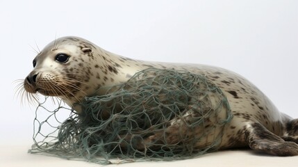 A Grey Seal  tragically caught in a section of fishing net. Generative AI