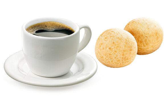 x&iacute;cara branca com caf&eacute; expresso acompanhado de p&atilde;o de queijo isolado em fundo transparente - caf&eacute; com p&atilde;o de queijo