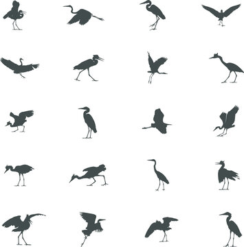 Heron silhouette, Heron SVG, Heron vector illustration, Bird silhouette, Heron icon set.