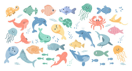 Naklejka na ściany i meble Collection of colorful fishes and sea animals. Icons in cartoon style for children, vector