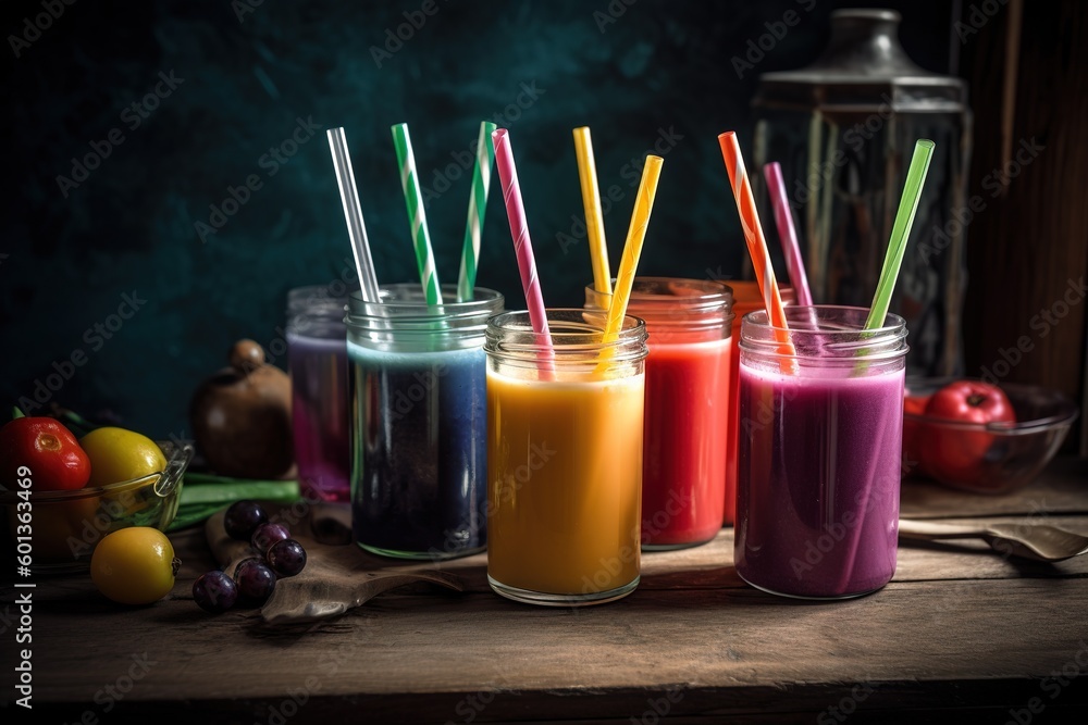 Aufkleber a table made of wood with a row of brightly colored smoothies resting on top of it. generative ai
