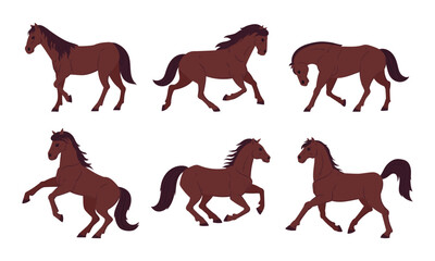 Cartoon brown horses. Graceful running, galloping and standing animals. Thoroughbred farm or ranch horses flat vector illustration collection