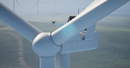 AERIAL Industrial drone flying near wind turbine, gathering video data for inspection and service - obrazy, fototapety, plakaty