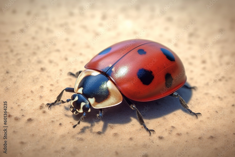 Poster a close-up shot of a ladybug crawling around on the ground. generative ai