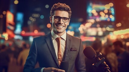 Anchorman Reporting Live News in a City at Night, Generative AI - obrazy, fototapety, plakaty