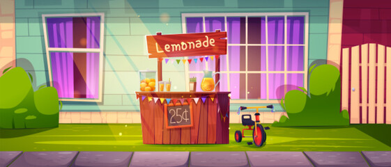 Cartoon lemonade stand in house yard. Vector illustration of small shop selling fresh homemade citrus beverage on hot sunny day, rural cottage front wall with windows, green lawn, street pavement