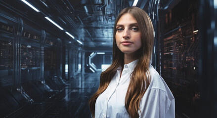 Fototapeta premium Young businesswoman watch and analyze digital business data on futuristic holographic screen
