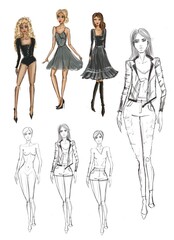 female fashion posing . black and white and colored clothing