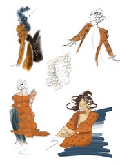 A female figure in a fur coat . sketch sketches. Female posing
