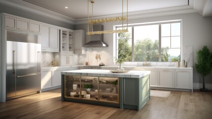Modern spacious kitchen in a classic style with white facades, a kitchen island with marble countertops and open shelves. Large windows overlooking the garden. Generative AI