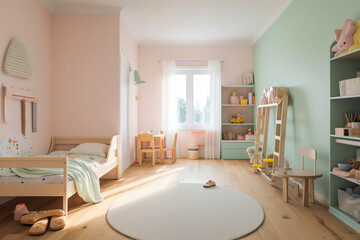 Fototapeta premium Small child kids infant room, cozy interior design, brochure, generative ai