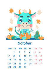 Vertical page of the children's calendar with a small green dragon. October 2024. Calendar with a dragon, the symbol of the year.  dinosaur and pumpkins. illustration is made in a flat cartoon style.