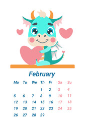 Vertical page of the children's calendar with a small green dragon. February 2024. Calendar with a dragon, the symbol of the year.  Illustration of a dinosaur holding a heart in a flat cartoon style.