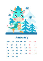Vertical page of the children's calendar with a small green dragon. January 2024. A calendar with a cute dragon, the symbol of the year.  Illustration of a dinosaur skating in a flat cartoon style.