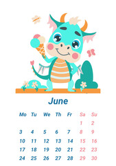 Vertical page of the children's calendar with a small green dragon. June 2024. Calendar with a dragon, the symbol of the year.  dinosaur with ice cream. illustration is made in a flat cartoon style.