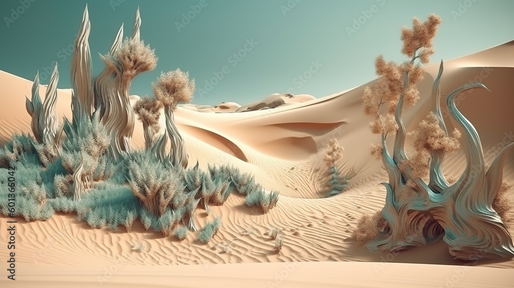 Poster an artwork created digitally depicting a scene in the desert generative ai