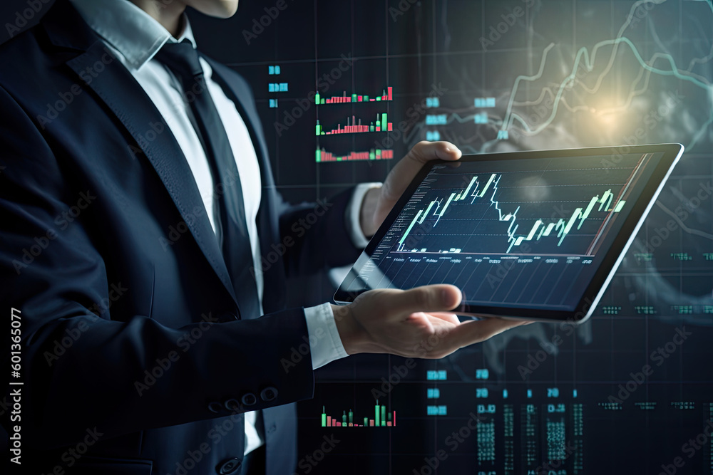 Poster close-up of business consultant analyzing graphs and charts on digital tablet screen, created with g