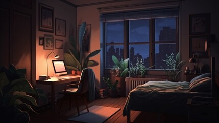 Cozy lofi room workstation, wallpaper background illustration, design, bedroom, Generative AI