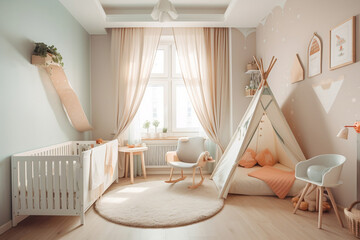 Small child kids infant room, cozy interior design with tent, brochure, generative ai