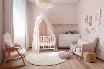 Fototapeta na wymiar Small child kids infant room, cozy interior design, brochure, generative ai