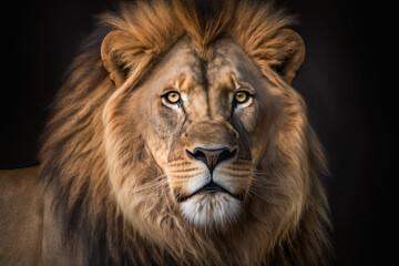 Fototapeta na wymiar Lion portrait on dark background. AI Generative