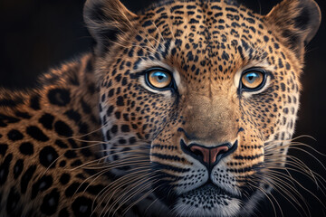 Fototapeta na wymiar Leopard portrait on dark background. AI Generative