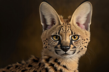 Serval portrait on dark background. AI Generative